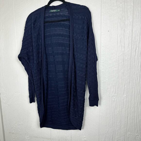 Lauren Ralph Lauren Cardigan Cable Knit Open Curved Hem Long Line Cardigan Med - Picture 10 of 10